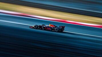 Motion blur captures a race car speeding along the track, showcasing the intensity and velocity of motorsports. photo