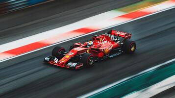 Sleek red race car speeds by on a track. Motion blur and blurred surroundings adds to a sense of high speed and racing drama. photo