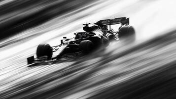 High-speed motion blur captures a race car speeding down the track, emphasizing velocity and competition, rendered in stark monochrome. photo