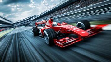 Red formula one race car speeding on a racetrack with motion blur against a blurred background during a daytime event. photo