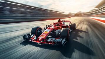 Red racecar speeds around the track, motion blur conveys velocity, with a sunny sky and trackside seating in the background photo