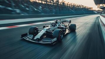 Race car speeding on a track with blurred motion. Fans visible in the background, capturing the essence of high-speed competition. photo