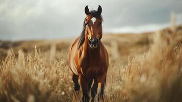 Chestnut horse with a white blaze running through a golden grassy field. The animal looks toward the camera on a cloudy day. photo