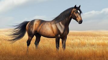 Majestic brown horse standing tall in a field of golden wheat, its dark mane flowing in the breeze beneath a partly cloudy sky. photo