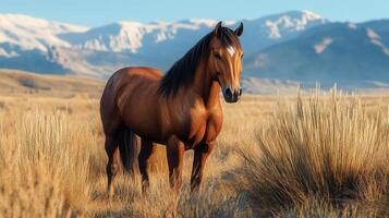 A majestic brown horse stands proudly in a field of tall grass, with snow-capped mountains providing a stunning backdrop in the distance. photo