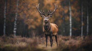 Majestic stag stands tall in a golden meadow, crowned with impressive antlers, showcasing nature's beauty and serene wildlife. photo