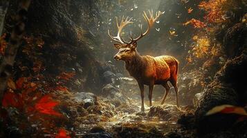Majestic stag standing proudly in a serene forest landscape, illuminated by dappled sunlight, in an autumnal setting. A true emblem of the wild photo