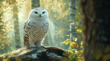 Snowy Owl Perched on a Mossy Log in a Forest Glade, its Yellow Eyes Staring Intently at the Viewer. Nature Scene, serene and majestic. photo