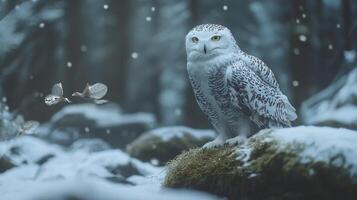 Snowy owl perched on a mossy rock under falling snow, with other birds in the background, creating a winter wonderland scene. photo