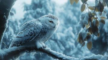 A snowy owl perched on a snow-covered branch, looking alert. Winter scene evokes a sense of serenity with frosted forest background. photo