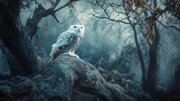 Snowy owl perched atop a rock, surveying its misty domain. The cool tones evoke a sense of serene mystery. photo