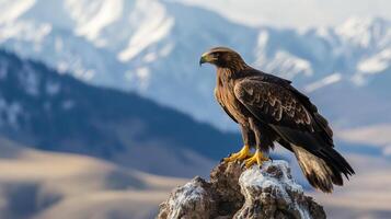 Majestic bird of prey perched on a rocky outcrop, gazing into the distance against a backdrop of snow-capped mountains. photo