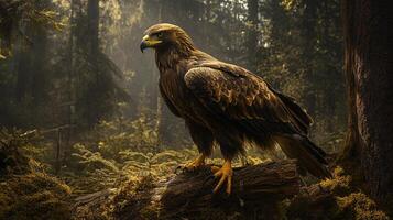 Majestic golden eagle perched in a tranquil forest setting, showcasing its powerful presence amidst the serene wilderness. photo