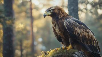 Majestic golden eagle perched regally against a serene forest backdrop, eyes sharp and alert. A symbol of wild freedom. photo