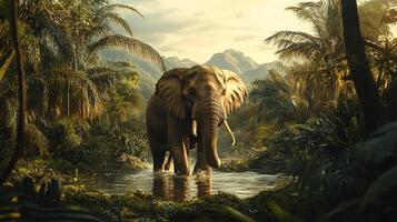 An elephant stands majestically in a jungle stream, surrounded by lush greenery, mountains and palm trees under a serene sky. photo