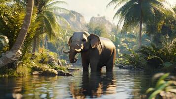 An elephant enjoys the cool water of a tropical river, surrounded by palm trees and dense jungle foliage, creating a serene scene. photo