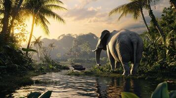 Elephant wading in a jungle river at sunset. A peaceful moment in nature. Lush greenery and calm waters surround the majestic creature. photo