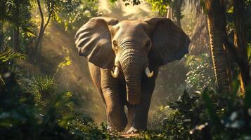 An elephant walks through a lush green jungle, bathed in soft, filtered sunlight. The scene is a picture of nature's raw beauty. photo