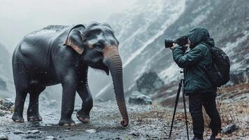 A photographer captures an elephant in a snowy mountain landscape, showcasing the blend of wildlife and photography in nature. photo