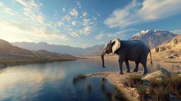 An elephant stands by a body of water, majestic mountains rising in the background under a blue sky dotted with puffy clouds. photo
