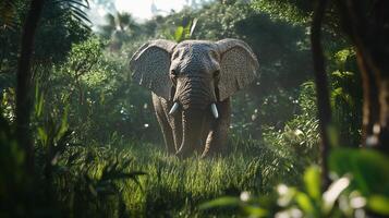 An elephant emerges from a verdant jungle, its large ears and tusks prominent against a backdrop of lush greenery, capturing nature's majesty. photo