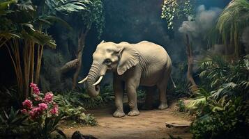 Elephant standing majestically in a lush jungle environment, surrounded by greenery and a sense of serene wilderness. photo