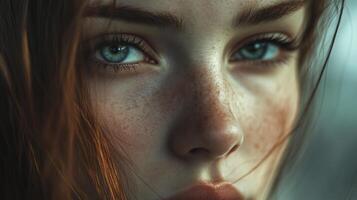 Close-up of a woman's face with captivating blue eyes, freckled skin, and reddish-brown hair framing her features in a soft, diffused light. photo