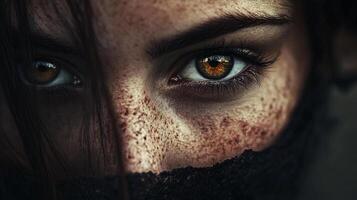 Intense gaze with striking eyes, prominent freckles, and dark hair framing the face in a close-up, moody portrait. photo