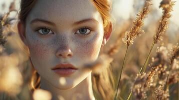 Portrait of a young woman with freckles and red hair, surrounded by tall golden wheat under a dreamy, sunlit sky. Serene and timeless. photo