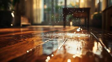 Water damage incident inside a house, showcasing water droplets and a puddle on the shiny wooden floor, indicating a potential leak or spill. photo