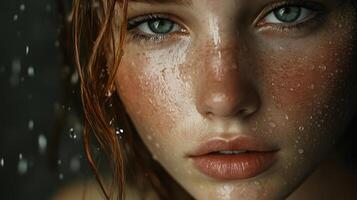 Close-up of a beautiful, wet woman's face, highlighting her skin and eyes. The image is striking and draws the viewer in. photo