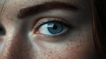 Close-up of a captivating blue eye surrounded by delicate freckles, framed by a well-defined eyebrow, creating a striking, natural aesthetic. photo