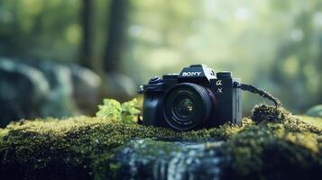 Camera in natural light, mossy and lush. The lens captures the light, nestled in greenery. A blend of technology and nature, perfectly balanced. photo