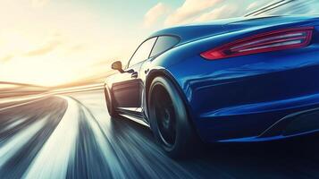 Sleek blue vehicle speeding down a highway with blurred motion, showcasing power and velocity against a bright, horizon backdrop. photo