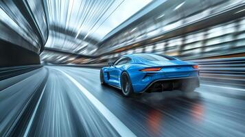 Blue sports car speeding through a tunnel with motion blur showcasing speed and modern design. A thrilling, dynamic automotive image. photo