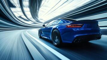 Experience exhilarating speed with a blue car, captured in motion with abstract streaks, hinting at advanced automotive engineering. photo
