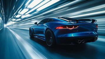 A stunning blue vehicle speeds through a light-streaked tunnel, showcasing sleek design and powerful motion. A dynamic display of automotive elegance. photo