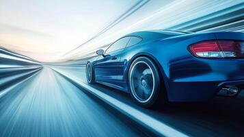 A sleek blue sports car speeding down an abstract road with motion blur effect creating a sense of speed and dynamism. photo