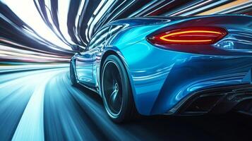 A sleek blue car speeds through a tunnel of light, motion blur creating a dynamic effect, showcasing speed and modern design. photo