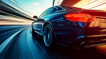 Motion blur captures sleek, modern automobile speeding through a tunnel, emphasizing speed and advanced automotive technology. photo