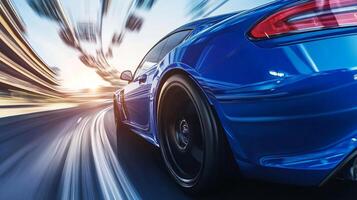 Speeding blue car with motion blur. The vehicle races along the road, creating streaks of light and a sense of velocity in the blur. photo
