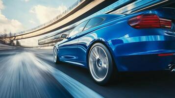 A sleek blue car speeds along a modern highway, wheels blurred with motion, under a bright sky with architectural backdrop. photo