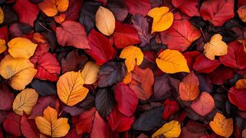 A vibrant array of autumn leaves creates a colorful ground cover. The mix of reds, yellows, and browns evokes a sense of the changing seasons. photo