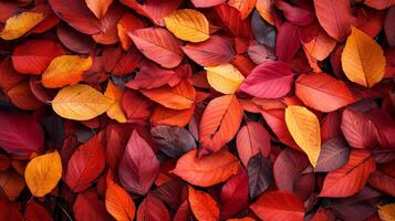 A vibrant display of fallen leaves in autumn hues, showcasing nature's colorful transition from summer to winter. A warm and inviting scene. photo