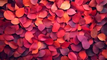 A vibrant tapestry of fallen leaves in warm reds, oranges, and purples creates a captivating autumn display of color and texture. photo