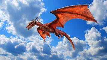 Fiery dragon soaring through a bright blue sky dotted with fluffy white clouds, a mythical creature in its natural domain. photo