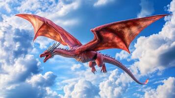 A formidable red dragon soars through the vibrant sky, wings spread wide against a backdrop of fluffy clouds, a symbol of majesty and freedom. photo