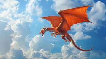 Fiery dragon soars through the azure sky, its wings ablaze against the fluffy white clouds in a majestic display of mythical power. photo