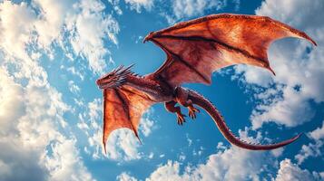 A majestic red dragon soars through a vibrant blue sky filled with fluffy white clouds, a fantasy creature in its natural environment. photo