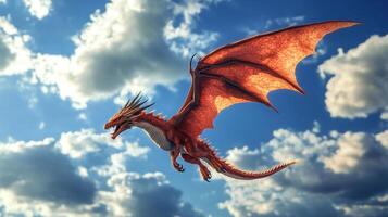 A majestic red dragon soars through a vibrant blue sky dotted with fluffy white clouds, wings spread wide in a powerful display of flight. photo
